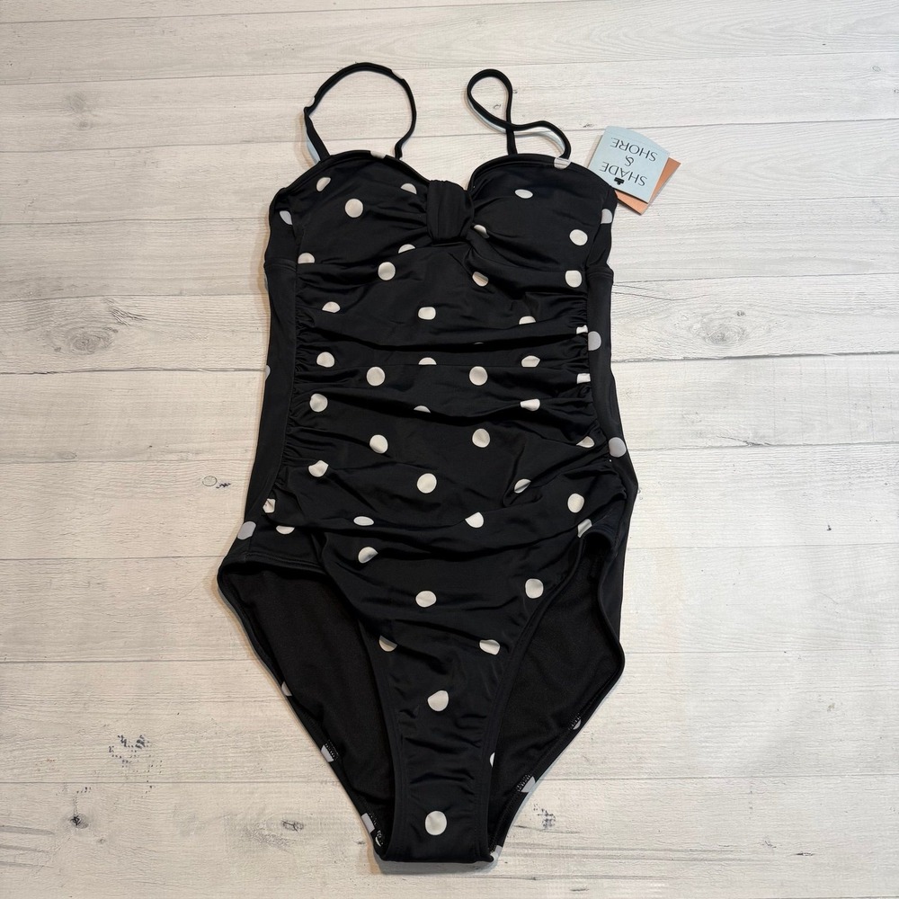Shade & Shore women's black and white polka dot one piece bathing suit small NEW